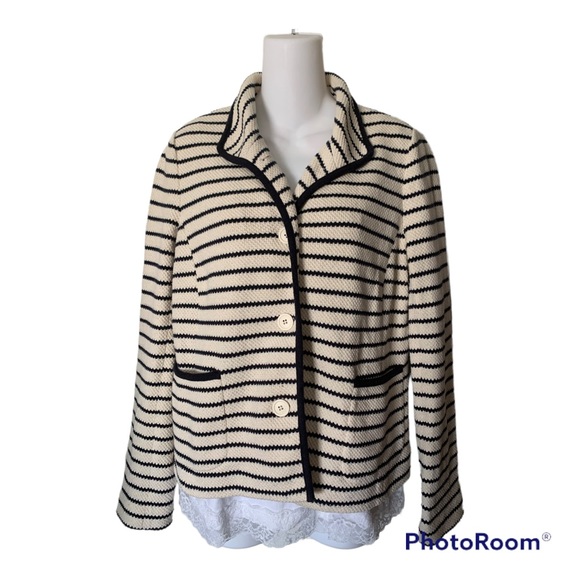 Talbots Knit Jacket Navy Ivory Stripe Size Medium - Picture 2 of 8